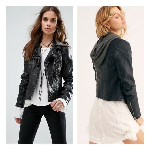 Free People Jackets & Blazers - Free People Vegan Leather Hooded Moto Jacket Sz 10
